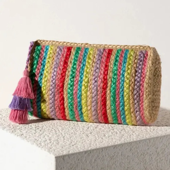Shiraleah Chicago Melia Multi Color Vegan Jute Clutch Purse Beach Made In India - Picture 1 of 8